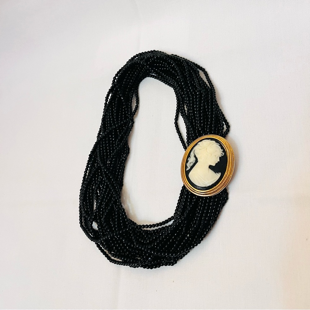 Donald Stannard Black and Gold Multi-Strand Cameo Choker Necklace